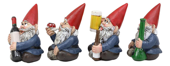 Ebros Happy Times Drunk And High Gnome Figurines Collectible Set Of 4 Whimsical Dwarf Gnomes Home Shelf Decors Miniature Statues 3.5" Tall Party Celebration Of Wine Beer Weed Bong Magic Mushroom