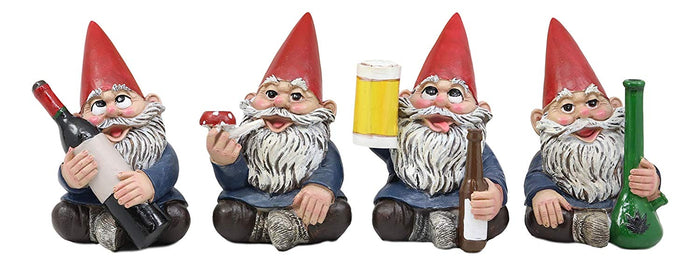 Ebros Happy Times Drunk And High Gnome Figurines Collectible Set Of 4 Whimsical Dwarf Gnomes Home Shelf Decors Miniature Statues 3.5" Tall Party Celebration Of Wine Beer Weed Bong Magic Mushroom