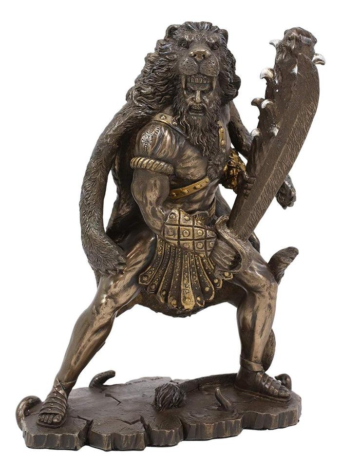 Ebros Hercules Holding Club With Neman Lion Skin Armor Sculpture Figurine 8.25"H