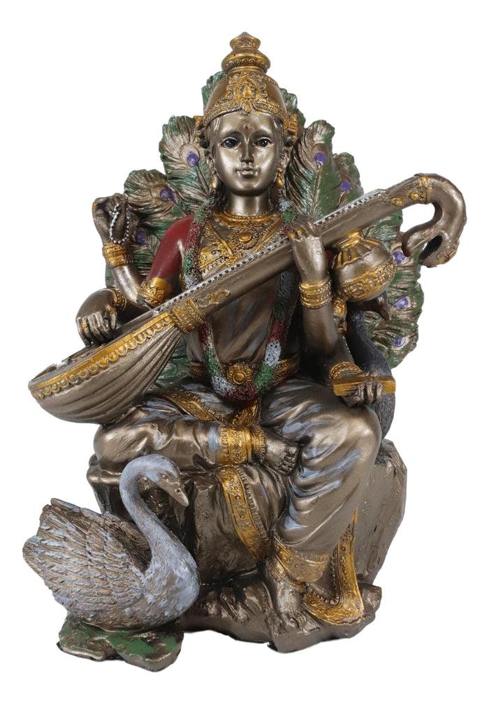 Ebros Hindu Goddess Saraswati Playing Veena With Swan On Peacock Throne Figurine