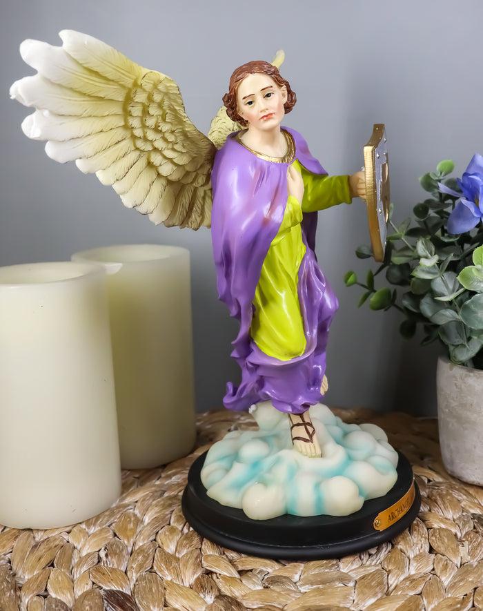 Ebros Holy Archangel Saint Saeltiel Carrying Shield Of Faith Statue With Brass Name Plate 10" Tall Angel Selaphiel Patron Of Worship Intercession And Prayer Of God Altar Collectible Figurine