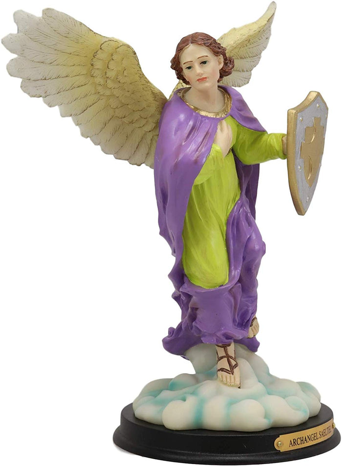 Ebros Holy Archangel Saint Saeltiel Carrying Shield Of Faith Statue With Brass Name Plate 10" Tall Angel Selaphiel Patron Of Worship Intercession And Prayer Of God Altar Collectible Figurine