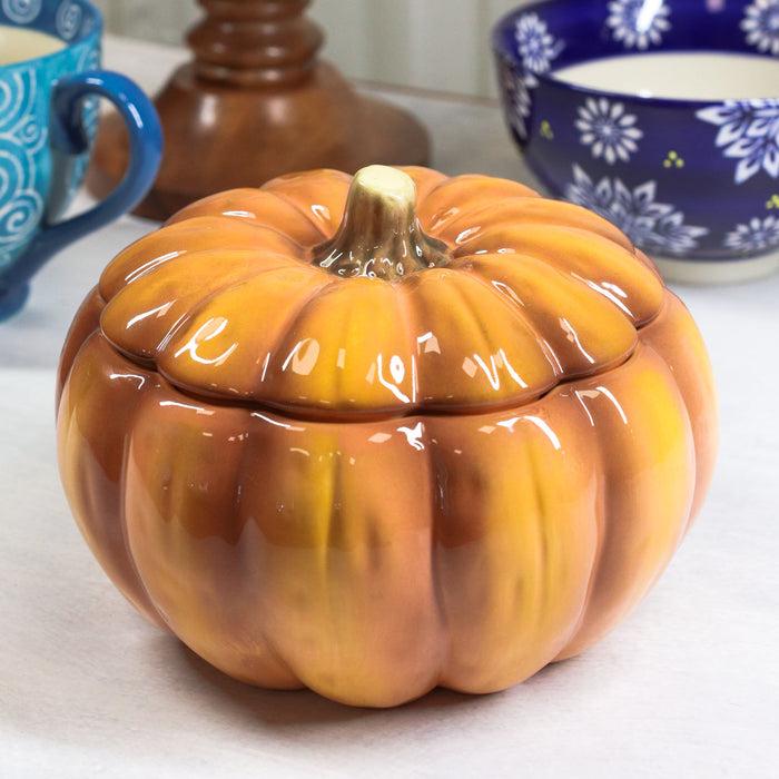 Ebros Home And Kitchen Orange Ceramic Pumpkin Soup Or Dessert Bowl With Lid Set of 2