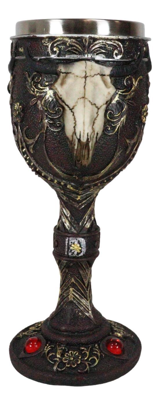 Ebros Horned Wild Bison Steer Tribal Skull Red Cyrstals Maroon Wine Chalice Goblet Cup