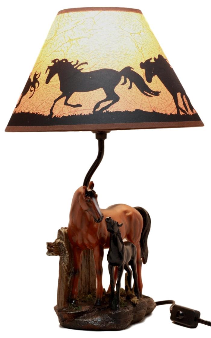Ebros Horse Mare & Foal By Ranch Fence Desktop Table Lamp With Shade Decor 19"H