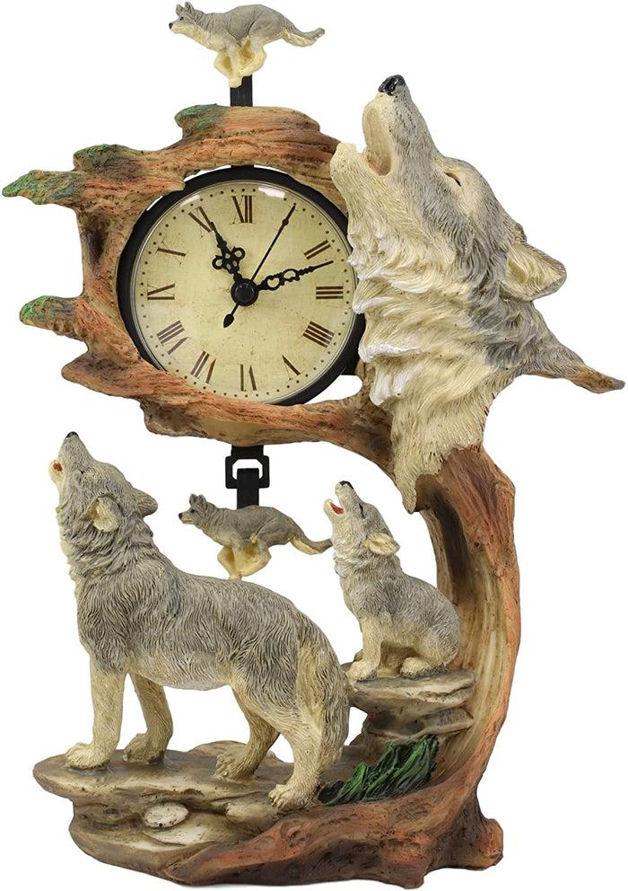 Ebros Howling Gray Wolves Family Table Clock With Pendulum 10.5" Height Decor