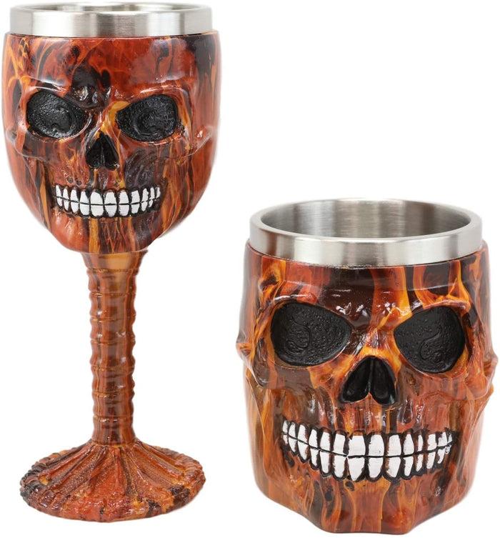 Ebros Inferno Fire Skull Face Wine Goblet And Mug Set Beverage Drinkware Barware