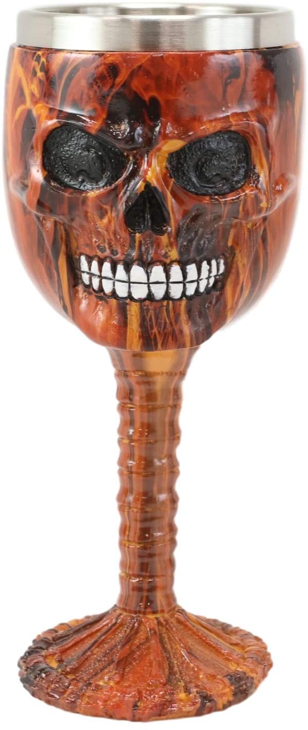 Ebros Inferno Fire Skull Face Wine Goblet Chalice Beverage Drinkware 7.25"H