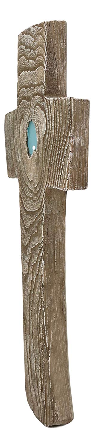 Ebros Inspirational Faux Wood Rustic Tree Rings Bark With Turquoise Inlay Wall Cross Crucifix Decor Plaque Crosses Vintage Art Sculpture 16.75" Tall Catholic Christian Decorative Accent