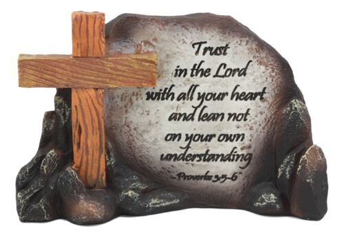 Ebros Inspirational Stony Hill Old Rugged Cross Figurine 7" L With Bible Verse Proverbs 3"Trust In The Lord With All Your Heart Religious Scriptural Decor For Desktop Shelves Study