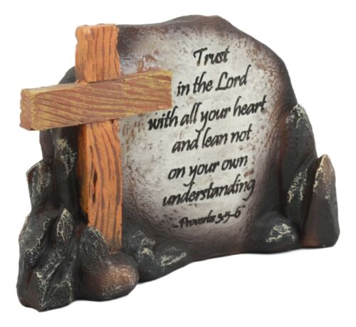 Ebros Inspirational Stony Hill Old Rugged Cross Figurine 7" L With Bible Verse Proverbs 3"Trust In The Lord With All Your Heart Religious Scriptural Decor For Desktop Shelves Study