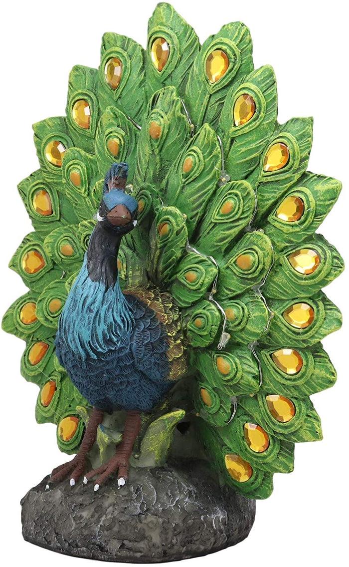 Ebros Iridescent Peacock With Gold Gemstone Train Feathers Solar LED Light Statue 11"H