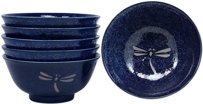 Ebros Japan Made Blue Tombo Dragonfly Ochawan Rice Soup Porcelain Bowls Set Of 6