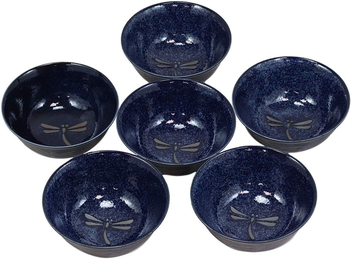 Ebros Japan Made Blue Tombo Dragonfly Ochawan Rice Soup Porcelain Bowls Set Of 6