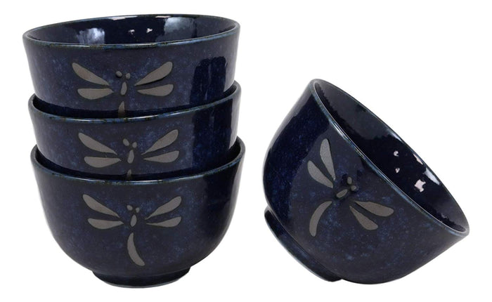 Ebros Japan Made Tombo Dragonfly Midnight Blue 20oz Porcelain Tea Pot & Cups Set