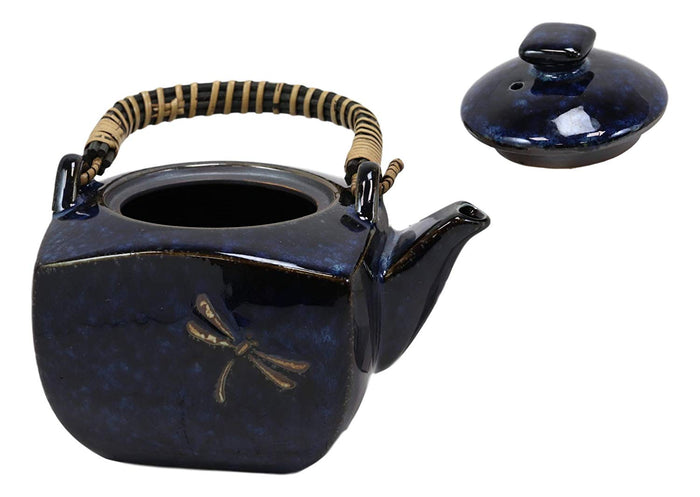 Ebros Japan Made Tombo Dragonfly Midnight Blue 20oz Porcelain Tea Pot & Cups Set