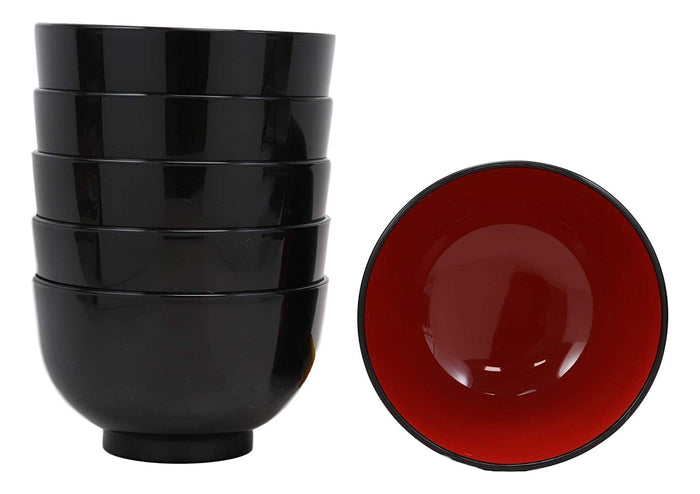 Ebros Japanese Black Red Lacquer Copolymer Plastic Rice Bowl Wood Grain Pattern Set 6
