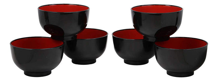Ebros Japanese Black Red Lacquer Copolymer Plastic Rice Bowl Wood Grain Pattern Set 6