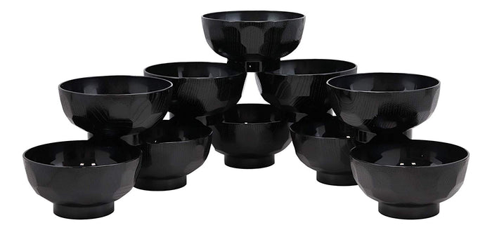 Ebros Japanese Contemporary Black Lacquer Ridged Bowls Made In Japan Set Of 10