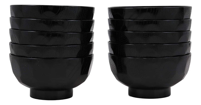 Ebros Japanese Contemporary Black Lacquer Ridged Bowls Made In Japan Set Of 10