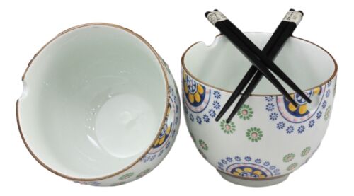 Ebros Japanese Design Ceramic Spring Flowers Ramen Noodles Bowl & Chopsticks Set Of 2
