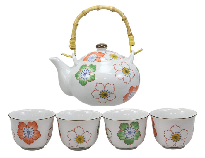 Ebros Japanese Design Colorful Botanic Floral Design Porcelain White Tea Pot 22oz And Cups Set Serves 4 Guests Home Decor Asian Fusion Zen Fengshui Decorative Teasets Birthday Housewarming Gifts