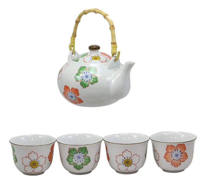 Ebros Japanese Design Colorful Botanic Floral Design Porcelain White Tea Pot 22oz And Cups Set Serves 4 Guests Home Decor Asian Fusion Zen Fengshui Decorative Teasets Birthday Housewarming Gifts