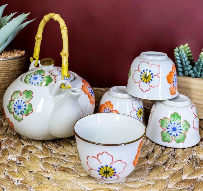 Ebros Japanese Design Colorful Botanic Floral Design Porcelain White Tea Pot 22oz and Cups Set Serves 4 Guests Home Decor Asian Fusion Zen Fengshui Decorative Teasets Birthday Housewarming Gifts Ebros Japanese Design Colorful Botanic Floral Design Porcelain White Tea Pot 22oz and Cups Set Serves 4 Guests Home Decor Asian Fusion Zen Fengshui Decorative Teasets Birthday Housewarming Gifts