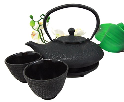 Ebros Japanese Forest Black Heavy Cast Iron Tea Pot Set With Trivet And Cups Set