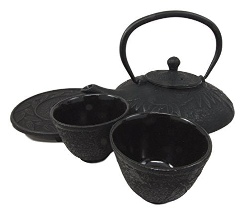 Ebros Japanese Forest Black Heavy Cast Iron Tea Pot Set With Trivet And Cups Set