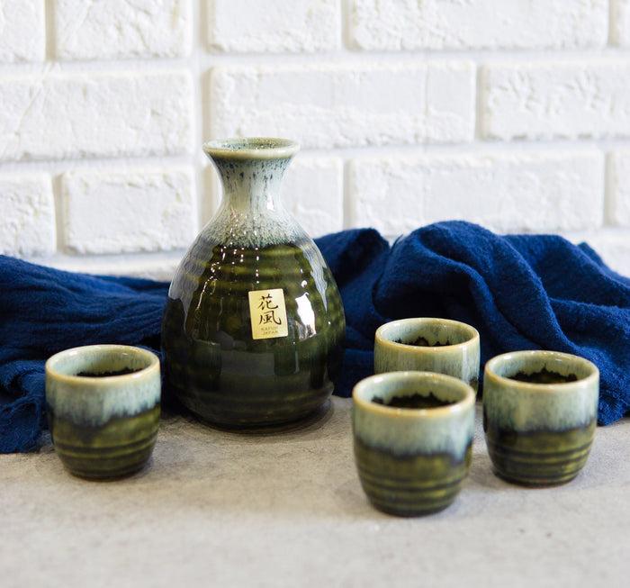 Ebros Japanese Glazed Earthenware 10oz Sandy Earth Art Sake Flask W/ Four Cups