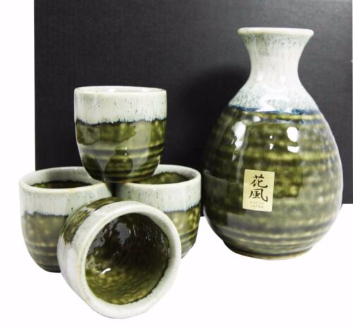 Ebros Japanese Glazed Earthenware 10oz Sandy Earth Art Sake Flask W/ Four Cups