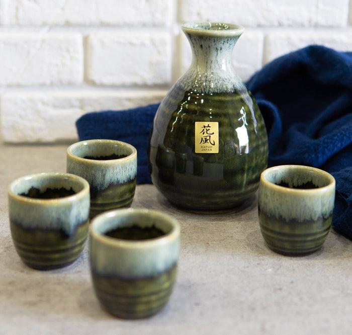 Ebros Japanese Glazed Earthenware 10oz Sandy Earth Art Sake Flask W/ Four Cups