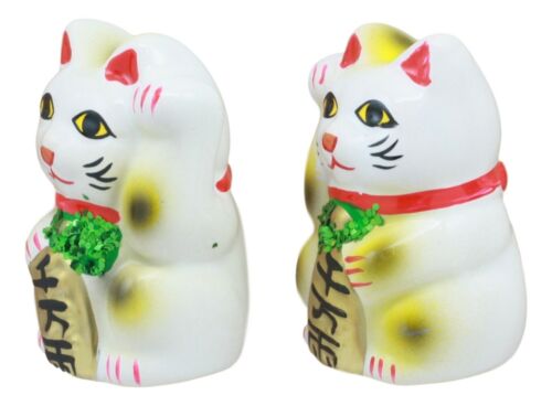 Ebros Japanese Luck And Fortune Charm White Beckoning Cat Maneki Neko Ceramic Figurines Set Of 2 With Right And Left Paws Feng Shui Lucky Energy Cats Collectible Statues