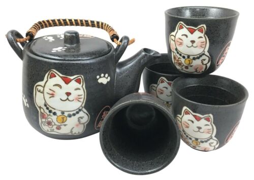 Ebros Japanese Maneki Neko Cat Black Tea Set Pot And Cups Serves 4 Ceramic Decor