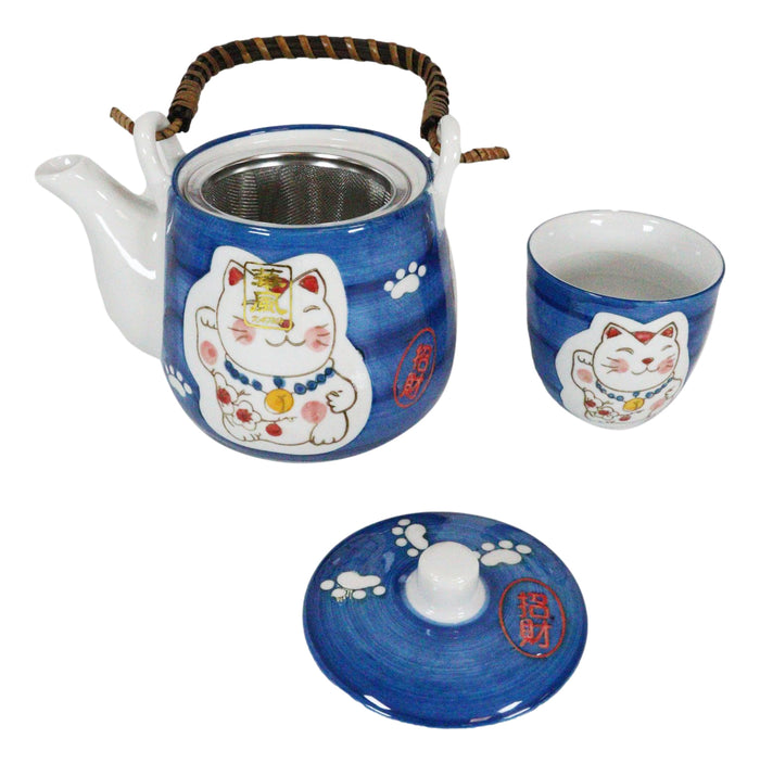 Ebros Japanese Maneki Neko Lucky Charm Cat Blue Tea Pot And Cups Set Serves 4