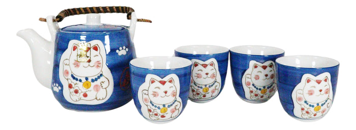 Ebros Japanese Maneki Neko Lucky Charm Cat Blue Tea Pot And Cups Set Serves 4