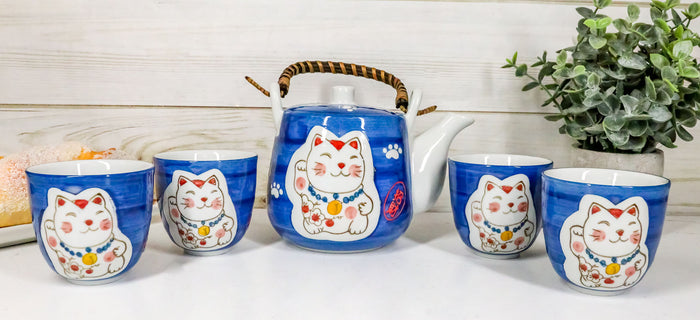 Ebros Japanese Maneki Neko Lucky Charm Cat Blue Tea Pot And Cups Set Serves 4
