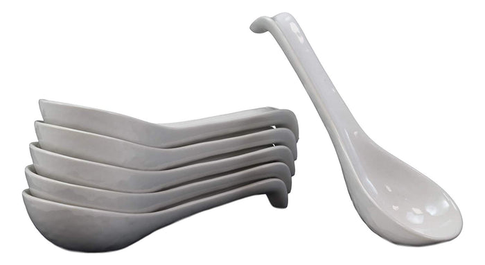 Ebros Japanese Modern Porcelain Soup Spoons With Ladle Hook Pack Of 6 (White)
