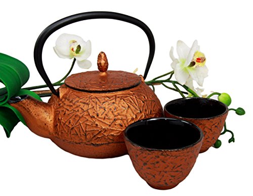 Ebros Japanese Pine Copper Finish Matchstick Pattern Heavy Cast Iron Tea Pot And Cups Set Serves 2