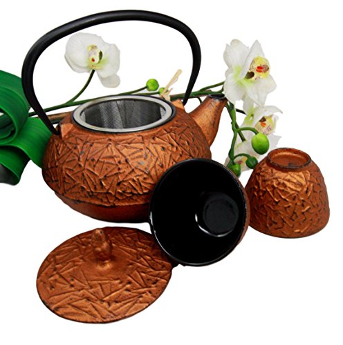 Ebros Japanese Pine Copper Finish Matchstick Pattern Heavy Cast Iron Tea Pot And Cups Set Serves 2