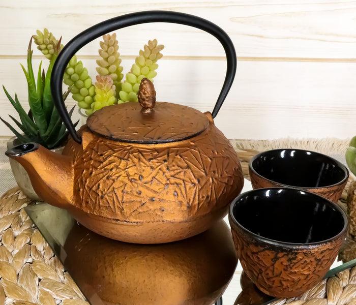 Ebros Japanese Pine Copper Finish Matchstick Pattern Heavy Cast Iron Tea Pot And Cups Set Serves 2