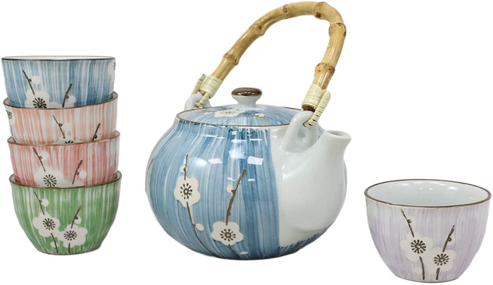 Ebros Japanese Sakura White Cherry Blossom Tea Set Ceramic Pot And Cups Set Of 5