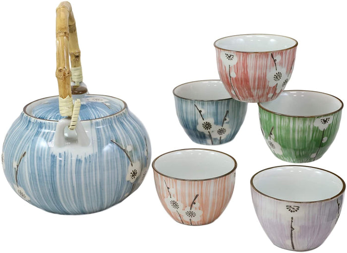 Ebros Japanese Sakura White Cherry Blossom Tea Set Ceramic Pot And Cups Set Of 5