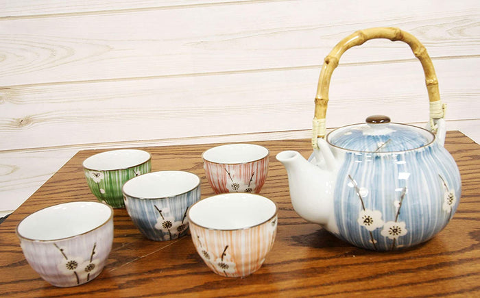 Ebros Japanese Sakura White Cherry Blossom Tea Set Ceramic Pot And Cups Set Of 5