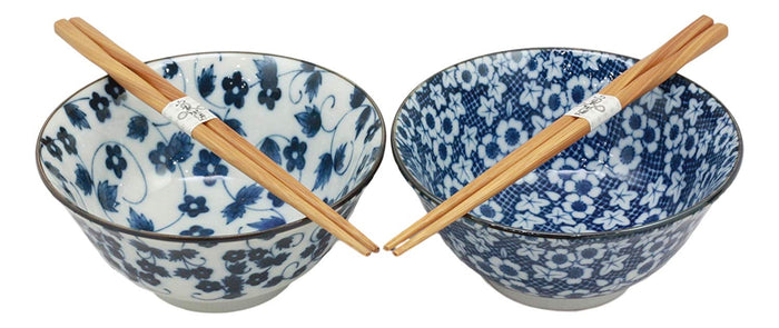 Ebros Japanese Vintage Floral Blue White Design Ceramic Bowl Set Of 2 With Chopsticks