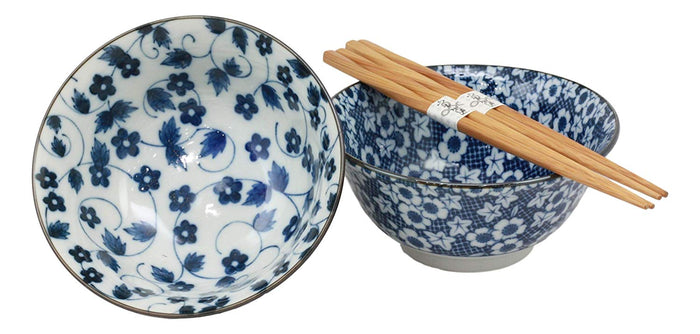 Ebros Japanese Vintage Floral Blue White Design Ceramic Bowl Set Of 2 With Chopsticks