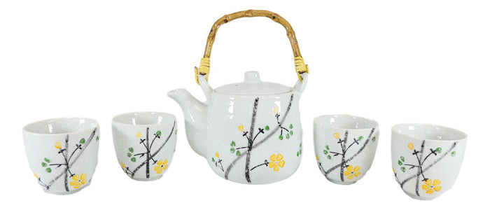 Ebros Japanese Yellow Cherry Blossom Sakura Blossoms Ceramic Tea Pot & 4 Cups