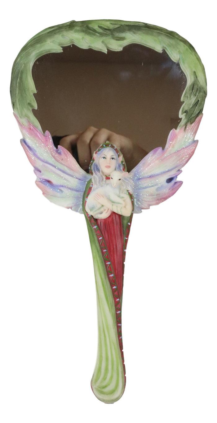 Ebros Jody Bergsma Snow Winter Magic Mistletoe Fairy With White Lamb Hand Mirror