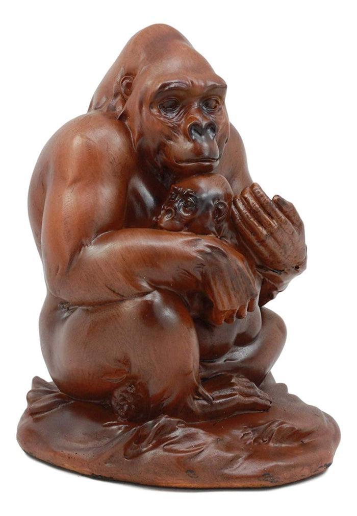 Ebros Jungle Wildlife Female Gorilla With Baby Statue 6.5" Tall Resin In Faux Wood Finish